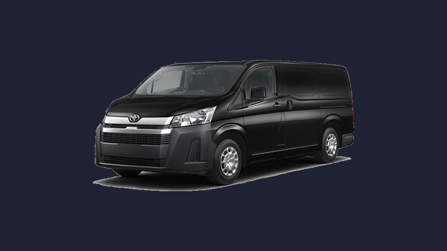 A black Toyota Hiace passenger van, front three-quarter view