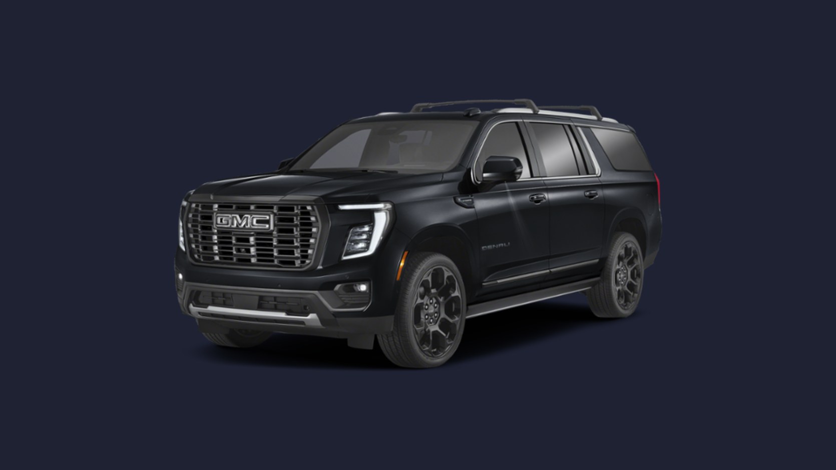 A black GMC Yukon Denali XL full-size SUV, front three-quarter view