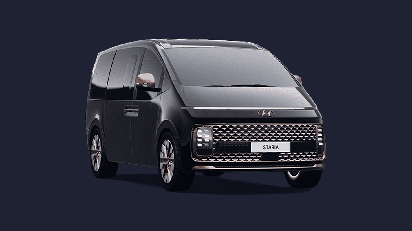 A black Hyundai Staria people carrier, front three-quarter view