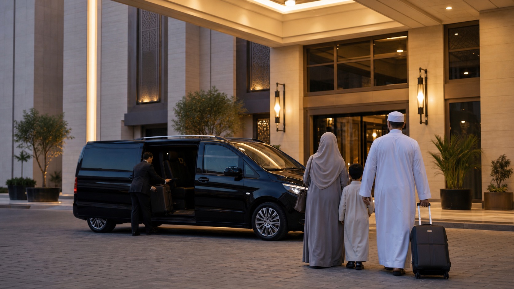 A family arriving at their hotel by private chauffeur
